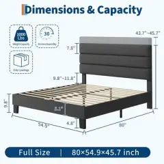 Bed Frame with Adjustable Headboard, Heavy Duty 1000lb Support, No Box Spring Needed, Dark Grey Upholstered Platform Base, Easy Assembly