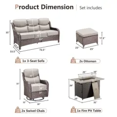 Gymojoy 6 Pieces Outdoor 6 Inch Sofa Swivel Chair Ottoman with Fire Pit Table