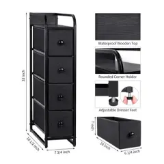 REAHOME 4 Drawer Vertical Steel Frame Storage Organizer Narrow Tower Dresser w/Waterproof Top, Adjustable Feet, and Wall Safety Attachment, Black Grey