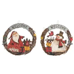 Transpac Plywood Santa and Snowman Wreath Decor Set of 2 Christmas Home Decorations for Festive Holiday Cheer