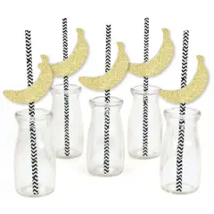 Big Dot of Happiness Gold Glitter Banana Party Straws - No-Mess Real Gold Glitter Cut-Outs and Decorative Tropical Party Paper Straws - Set of 24