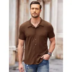 COOFANDY Mens Knit Button Down Short Sleeve Button Up Shirt Summer Casual Beach Tops