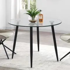 Avatar 34.5" Width Glass Top Modern Round Dining Table Black 4 Point/leg-The Pop Home