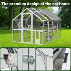 Outdoor Cat House Catio Enclosure, 110'' Cat Cage Condo Indoor Playpen with 2 Bridges, 2 Sleeping Houses and 7 Catwalks for Indoor Outdoor