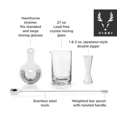 Viski Stainless Steel Bartender Set 4pcs Kit | Drink Mixers for Cocktails Gift Essentials: Mixing Glass, Hawthorne Strainer and Barspoon, Silver