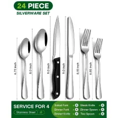 Itopfox 24-Piece Silverware Set with Steak Knives, Stainless Steel Flatware Set for 4, Includes Spoons, Knives, Dishwasher Safe for Home & Restaurant