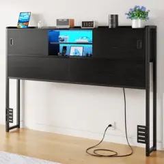 Aheaplus King Headboard with Storage Cabinet, Headboard with Sliding Doors, Charging Station