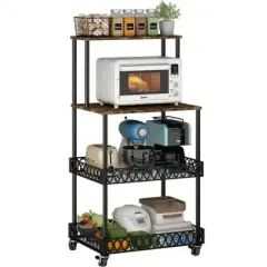 PDTEND Rustic Brown 4-Tier Freestanding Kitchen Baker&rsquo;s Rack for Spices, Pots Pans Utility Organizer