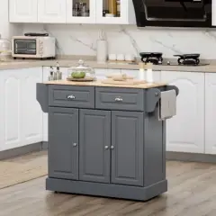 HOMCOM Kitchen Island with Storage Rolling Kitchen Serving Cart with Rubber Wood Top Towel Rack Storage Drawer and Cabinet Grey