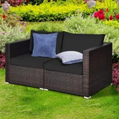 Tangkula 2PCS Rattan Corner Sofa Set Patio Outdoor Furniture Set w/ 4 Black Cushions