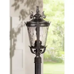 John Timberland Casa Marseille Vintage Outdoor Post Light Textured Black Scroll 25" Clear Hammered Glass for Exterior Barn Deck House Porch Yard Home
