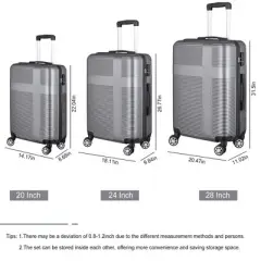 3 Piece Light Weight Luggage Sets With Tsa Lock, ABS Suitcase Set With Hooks And Spinner Wheels For Travel, Multi-Color Available