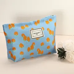 Unique Bargains Women's Floral Large Capacity Makeup Bag Orange Blue 1 Pc