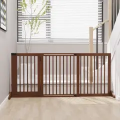 PawHut Adjustable Wooden Pet Gate, Freestanding Dog Fence for Doorway Hall, 3 Panels w/ Safety Barrier Lockable Door