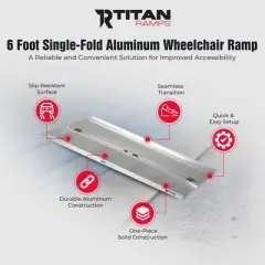 Titan Ramps Single-Fold Wheelchair Ramp, 6 Foot Folding Aluminum Scooter Ramp with Textured Surface and Carry Handle, 600 Pound Capacity