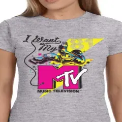 MTV Womens' Music Television I Want My Moonman '80s Crewneck T-Shirt Grey