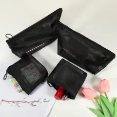 Unique Bargains Nylon Mesh Clear Makeup Bags Black 4 Pcs