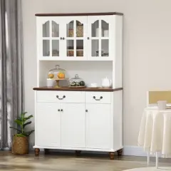 HOMCOM Kitchen Hutch Storage Cabinet with Antique Details, Feestanding Pantry Cabinet with 3-Level Adjustable Shelves, Dining Room Hutch, White