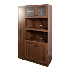 PDTEND Farmhouse Kitchen Pantry Cabinet with Multi-Functional Pull-Out Multi-Tier Shelf and 4 Doors