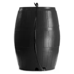 FCMP Outdoor RC4000-BLK 50 Gallon Flat Back Outdoor Home Rain Catcher Water Storage Collection Barrel for Watering Outdoor Plants and Gardens, Black