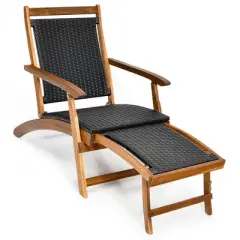 Costway  Patio Folding Rattan Lounge Chair Wooden Frame W/ Retractable Footrest