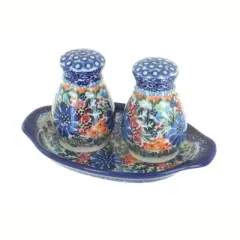 Blue Rose Polish Pottery 42 Vena Salt & Pepper Shakers with Tray