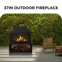 Bestier Fire Pits for Outside Wood Burning, Outdoor Chiminea Fireplace with Log Storage Rack, Mesh Screen, Pocker for Patio Party Camping, 37"