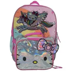 Hello Kitty 4 Piece Backpack Set, Girls Unicorn School Bag with Front Zip Pocket & Mesh Side Pockets, Feature Star Shaker Sequins