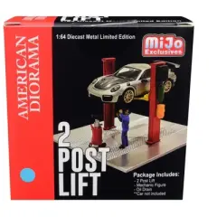 Two Post Lift (Sky Blue) with Mechanic Figurine and Oil Drainer Diorama Set for 1/64 Scale Models by American Diorama