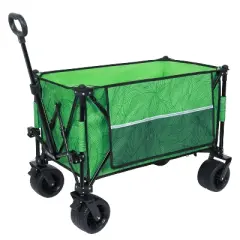 Heavy-Duty 480lbs Folding Wagon Cart with Bonus Picnic Mat - All-Terrain Beach Wheels, Drink Holders, Brakes & Side Pocket green line