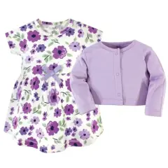 Touched by Nature Baby and Toddler Girl Organic Cotton Dress and Cardigan 2pc Set, Purple Garden