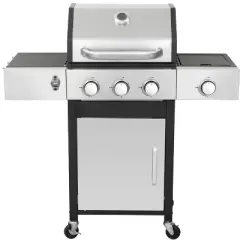 Dolonm 3+1 Burner Gas Grill: 37,230BTU w/Side Cooker, Enamel Cast Iron Grids & Lockable Casters - SS Front Door