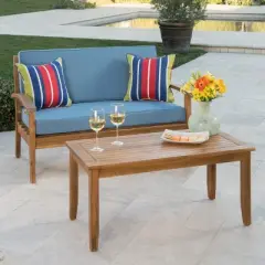 FIONECA Outdoor Blue Seat with Coffee Table, All-Weather Rattan Chair and Table Set for Patio, Garden, Balcony, or Poolside