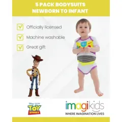 Disney Pixar Toy Story Rex Slinky Dog Buzz Lightyear Baby 5 Pack Bodysuits Newborn to Infant