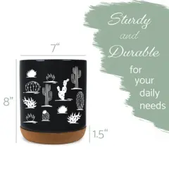 Elanze Designs 8 inch Cactus Desert Plant Pattern Large Ceramic Kitchen Utensil Holder Black and White Crock with Cork Base