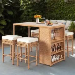 Patio 5-Piece Wicker Serving Bar Set with Cushions