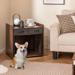 Tangkula Industrial Dog Crate Indoor Doge Kennel w/Wide Countertop 2 Fabric Drawers