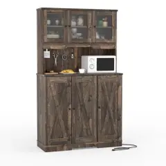 71&rdquo; Farmhouse Pantry Cabinet - Kitchen Hutch with Charging Station & Adjustable Shelves, Dining Room Sideboard with countertop