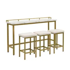Modern 4-Piece Counter Height Extra Long Bar Kitchen Set with 3 Fabric Stools, Gold+Beige-ModernLuxe