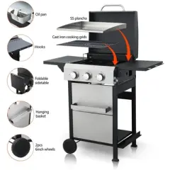 3 Burner Propane Gas BBQ Grill, 25,650 BTU Output Stainless Steel BBQ Grill with Foldable Side Table for Garden Patio Backyard Camping 40.1 inch