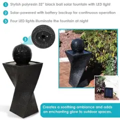 Sunnydaze Outdoor Black Ball Solar Powered Water Fountain with Backup Battery and LED Light - 32" - Black