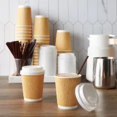 Juvale 50 Pack Disposable Small Coffee Cups 8 oz, Kraft Paper Insulated, Ripple, Coffee Cups To Go with Lids and Stirring Straws (150 Total Pcs)