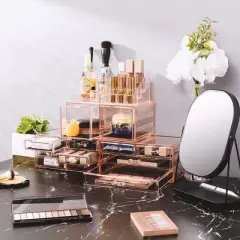 Sorbus X-Large Clear Pink Makeup Organizer Case - 4 Piece Set (12 Drawers)