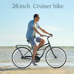 YONWAY Single Speed Bicycles 26"Inch,Beach Cruiser Bike with Steel Frame and Rear Rack, Wide Wheels for Stability, Rear Coaster Brakes