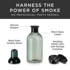 Viski Smoked Cocktail Set| Glass Carafe with Smoker Pellets for Smoke Infusion. Cocktails Smoking Barware Tool Set with Recipe Book, Black