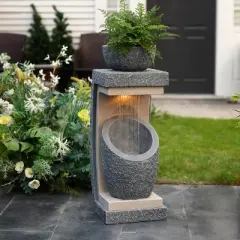 LuxenHome 32" H Resin Bowl Sculpture Outdoor and Indoor Resin Cascading Water Fountains Indoor with LED Lights Garden Decor Waterfall Gray