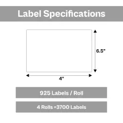 PSBM Thermal Transfer Labels, 4x6.5 Inch, 4 Rolls, 925 Labels/Roll, 3 Inch Core, Perforated, Must Have Thermal Ribbon (Not Included)
