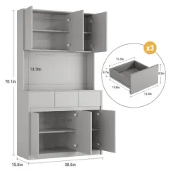 Homhougo 71" Tall Kitchen Pantry Cabinet, Kitchen Hutch Storage Cabinet with Led Lights and Power Outlets Gray