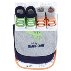 Hudson Baby Infant Boy Cotton Bib and Sock Set, Cool Dinosaurs, One Size