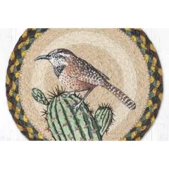 Earth Rugs Cactus Wren Bird Printed Round Jute Trivet &ndash; 10" Rustic Nature Design, Heat-Resistant Table Protector